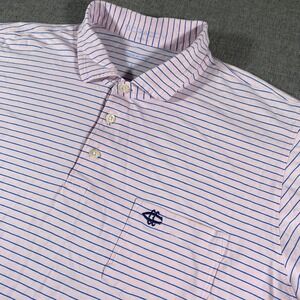 B. Draddy Polo Shirt Mens Large Pink Blue Striped Pima Cotton Stretch Pocket